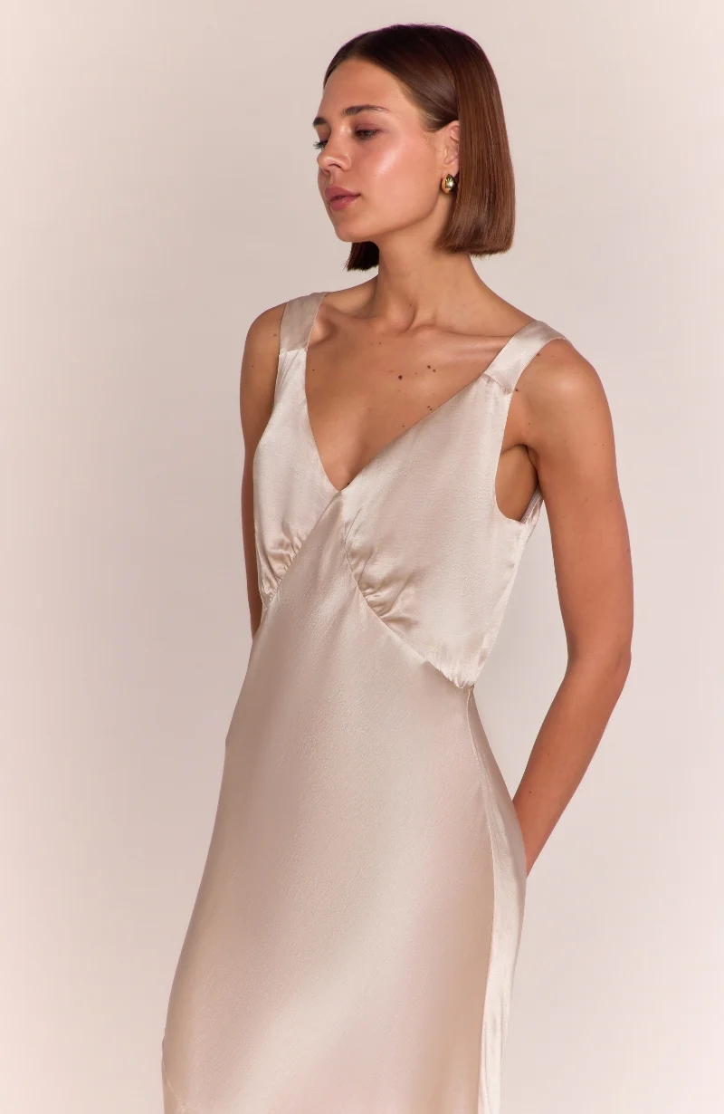 Amelia Dress in Champagne Satin — Bias-Cut Maxi Bridesmaid Dress - Image 3