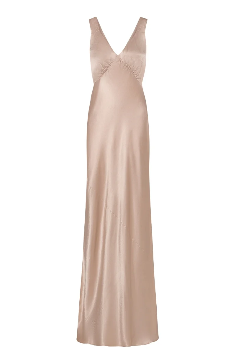 Amelia Dress in Champagne Satin — Bias-Cut Maxi Bridesmaid Dress - Image 4
