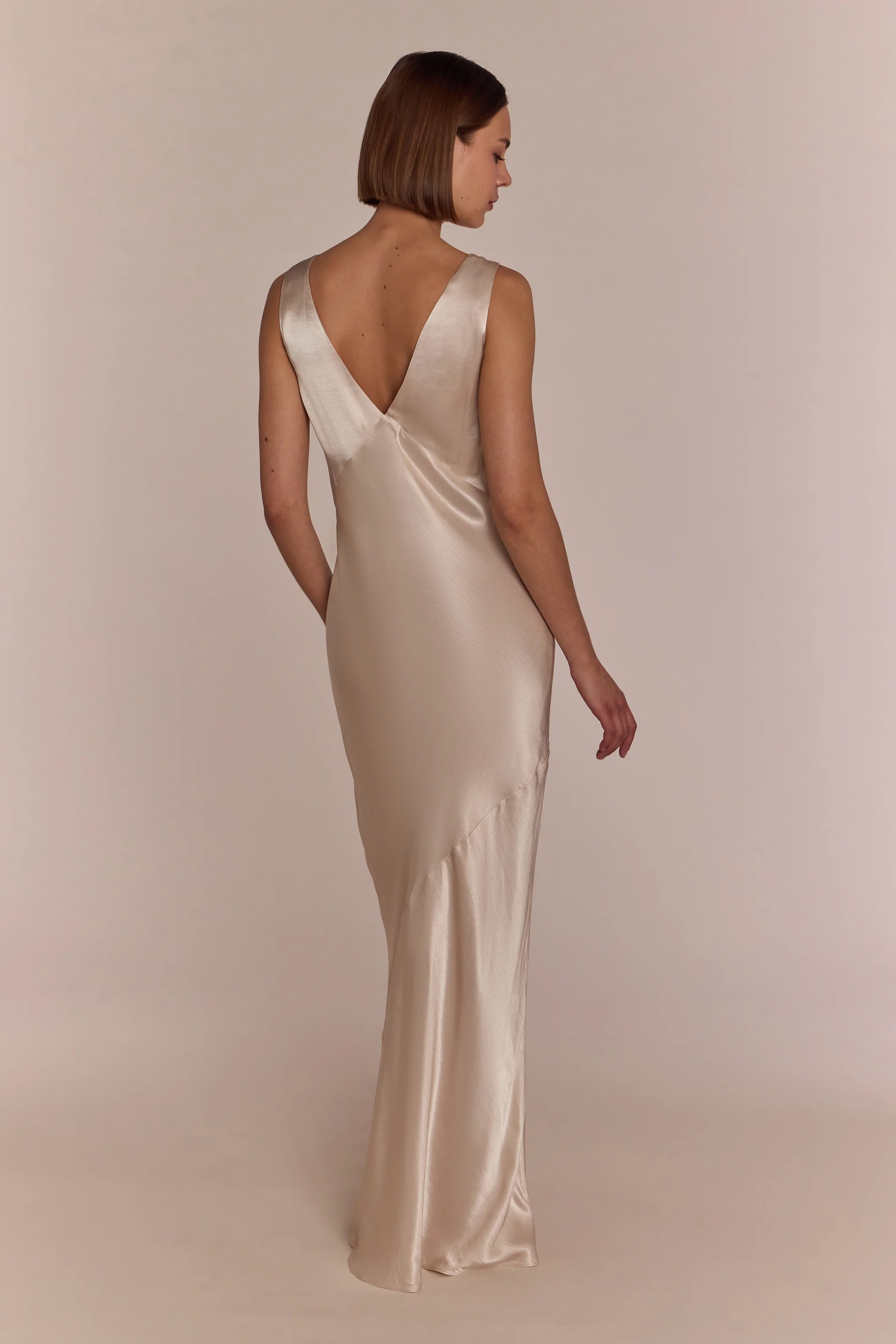 Amelia Dress in Champagne Satin — Bias-Cut Maxi Bridesmaid Dress - Image 5