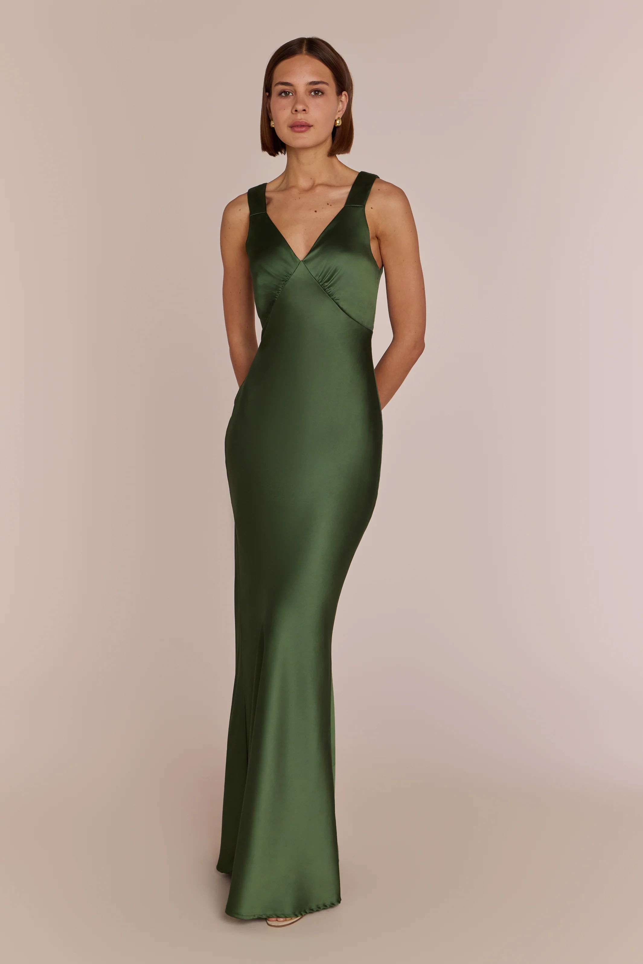 Amelia Dress in Olive Green Satin — Bias-Cut Maxi Bridesmaid Dress - Image 3
