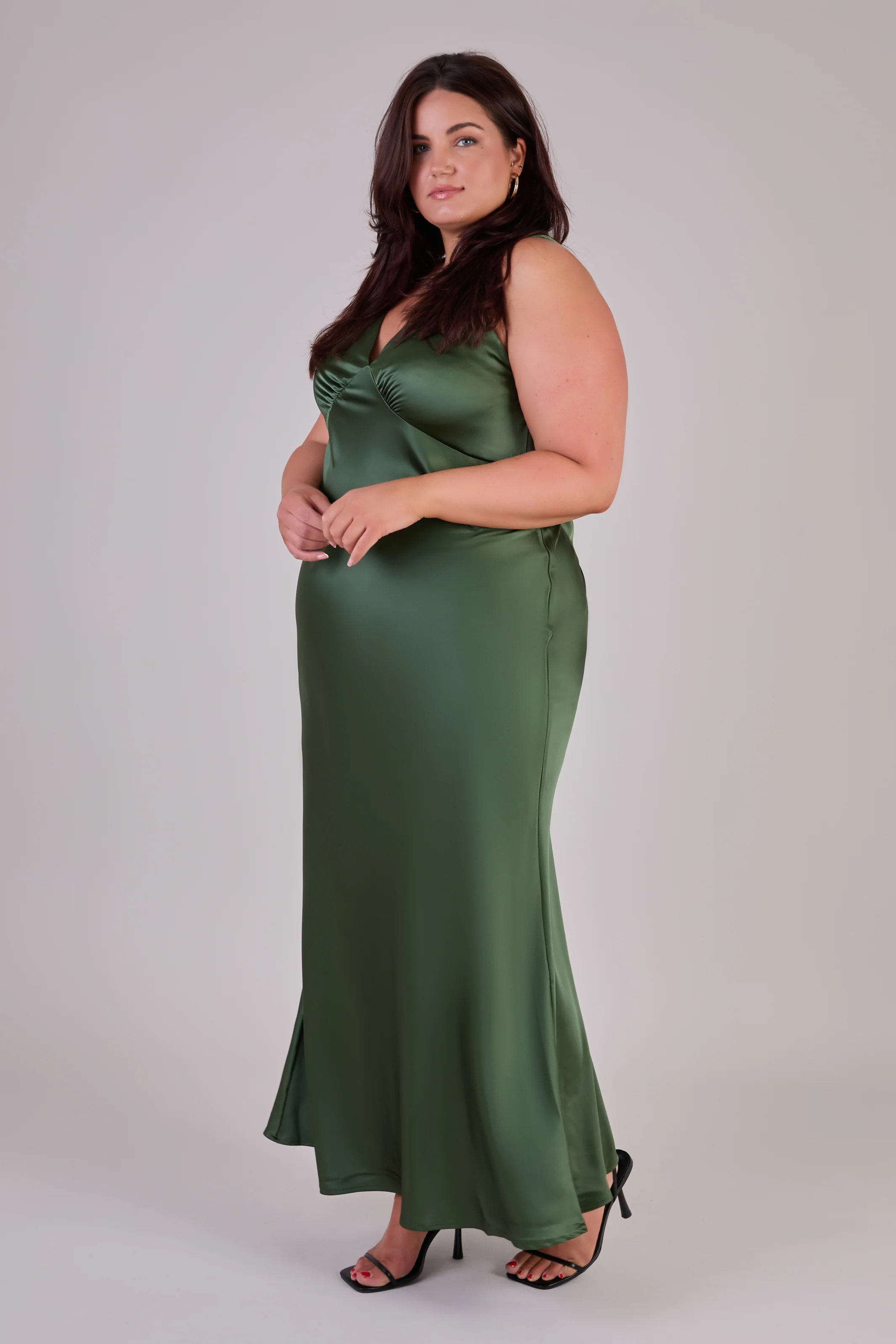 Amelia Dress in Olive Green Satin — Bias-Cut Maxi Bridesmaid Dress - Image 4