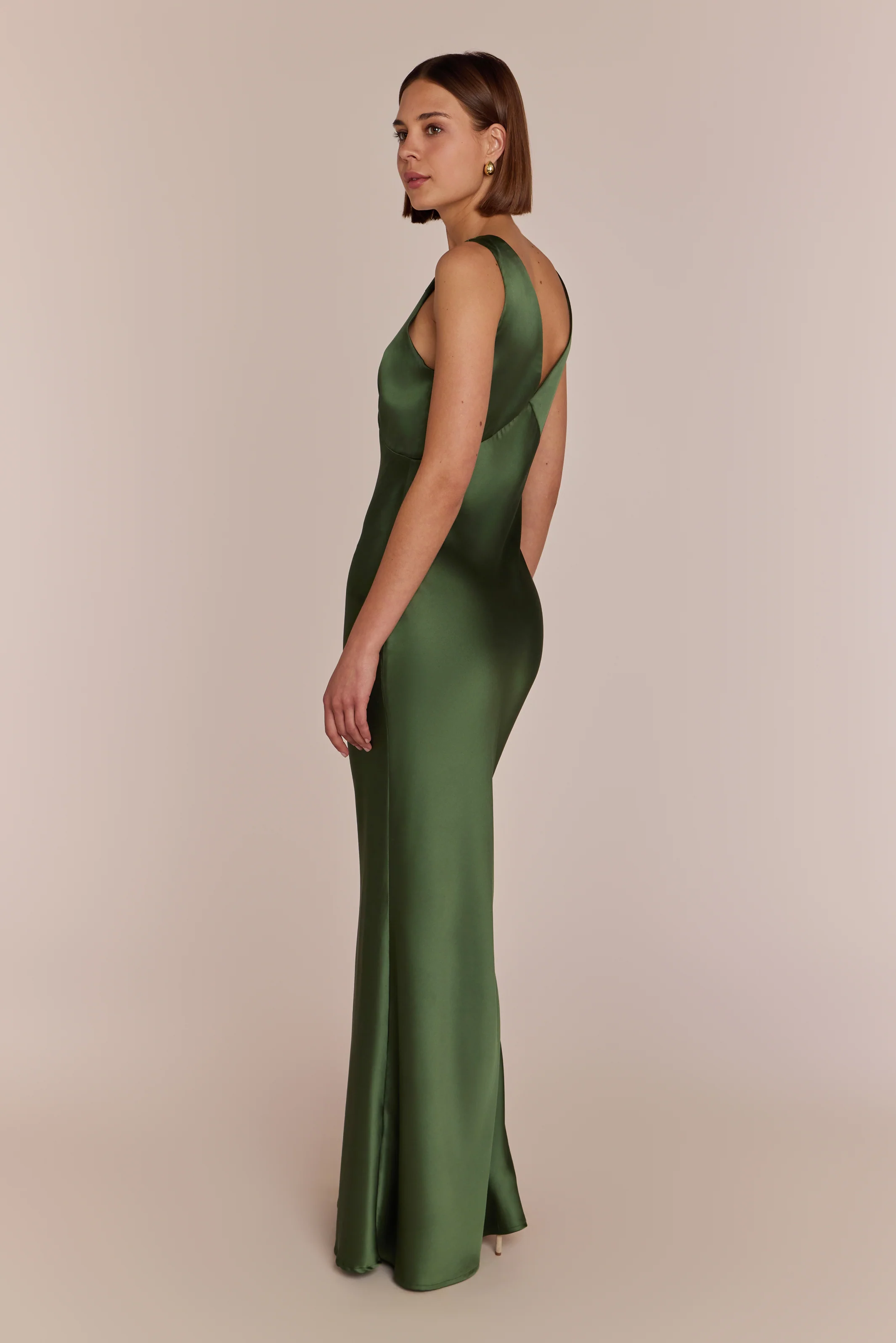 Amelia Dress in Olive Green Satin — Bias-Cut Maxi Bridesmaid Dress - Image 5
