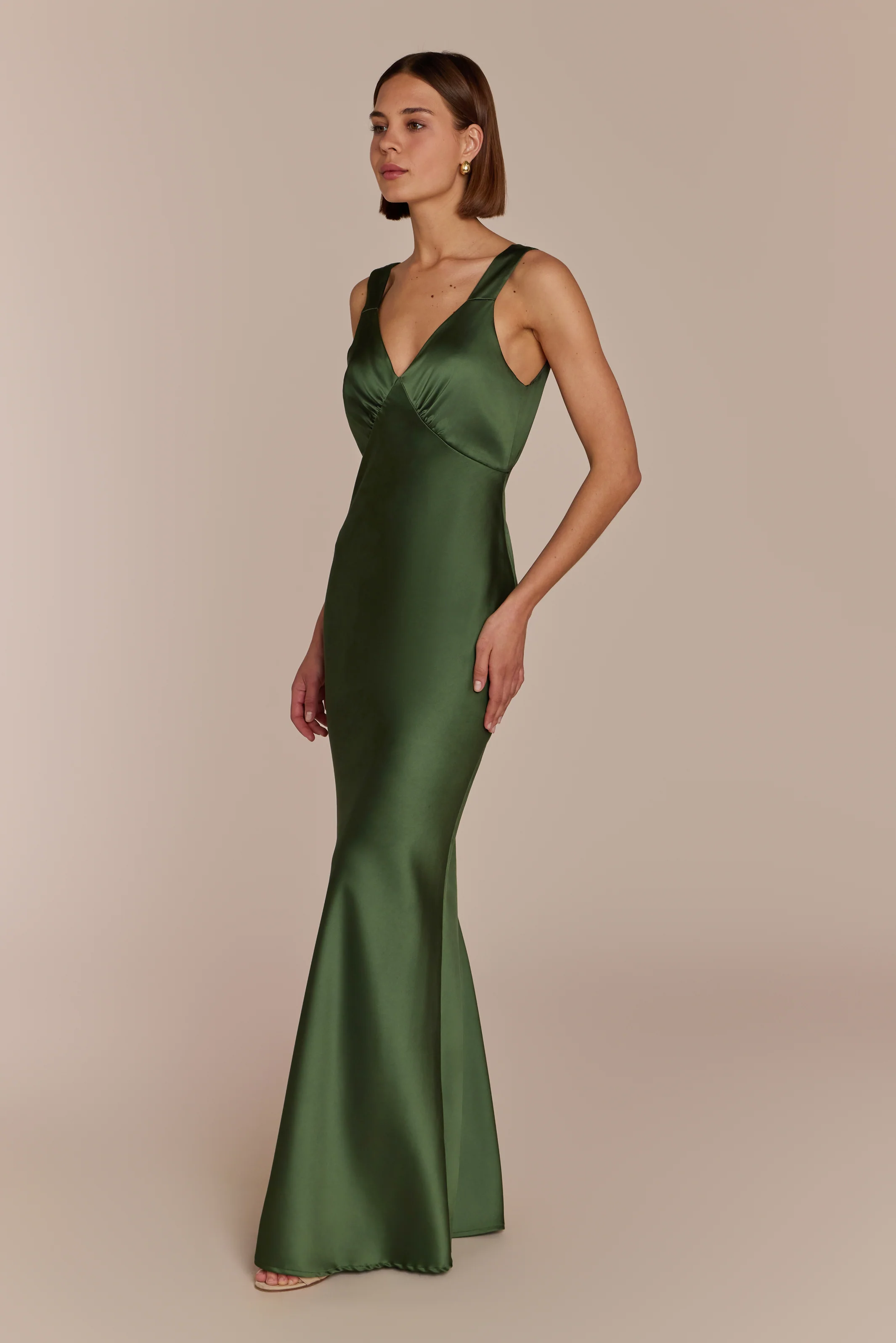 Amelia Dress in Olive Green Satin — Bias-Cut Maxi Bridesmaid Dress - Image 6