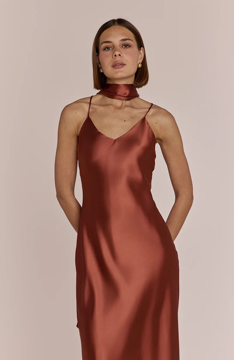 Brooklyn Dress in Terracotta Satin - Image 5