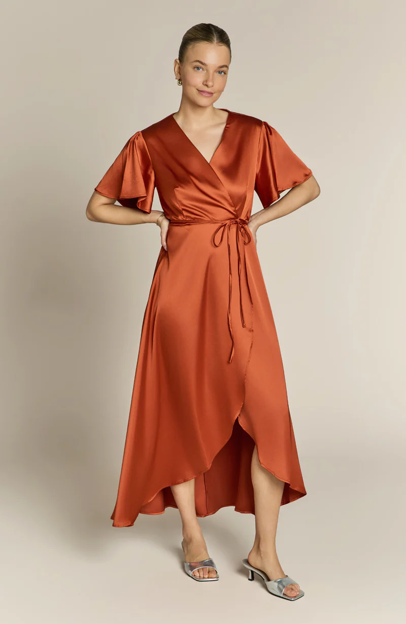 Florence Waterfall Dress in Burnt Orange Satin - Image 3