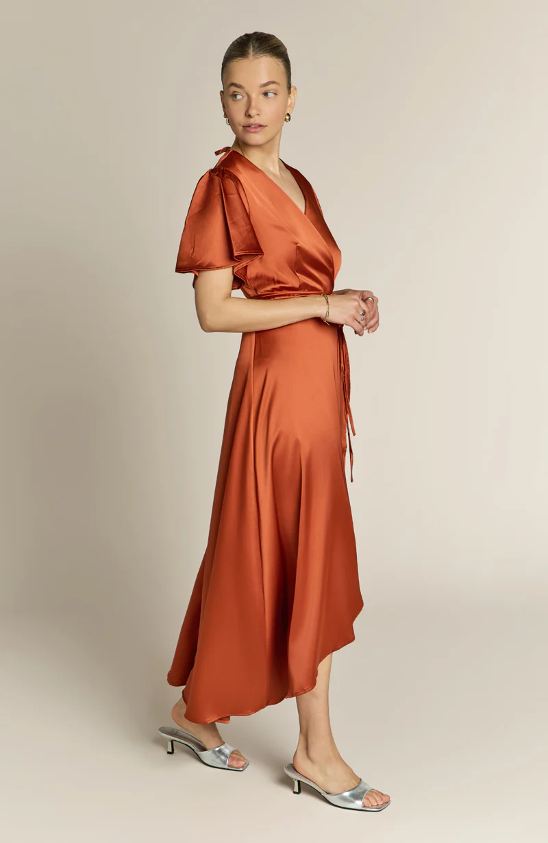 Florence Waterfall Dress in Burnt Orange Satin - Image 4