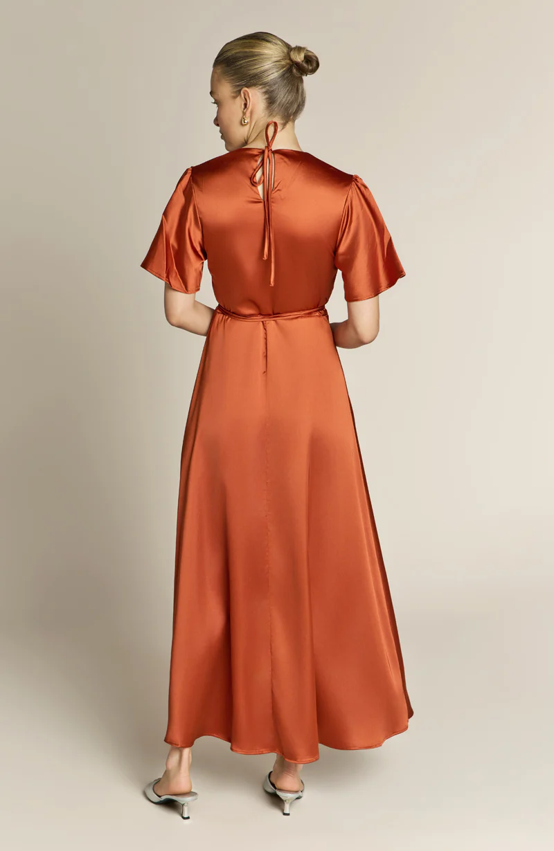 Florence Waterfall Dress in Burnt Orange Satin - Image 5