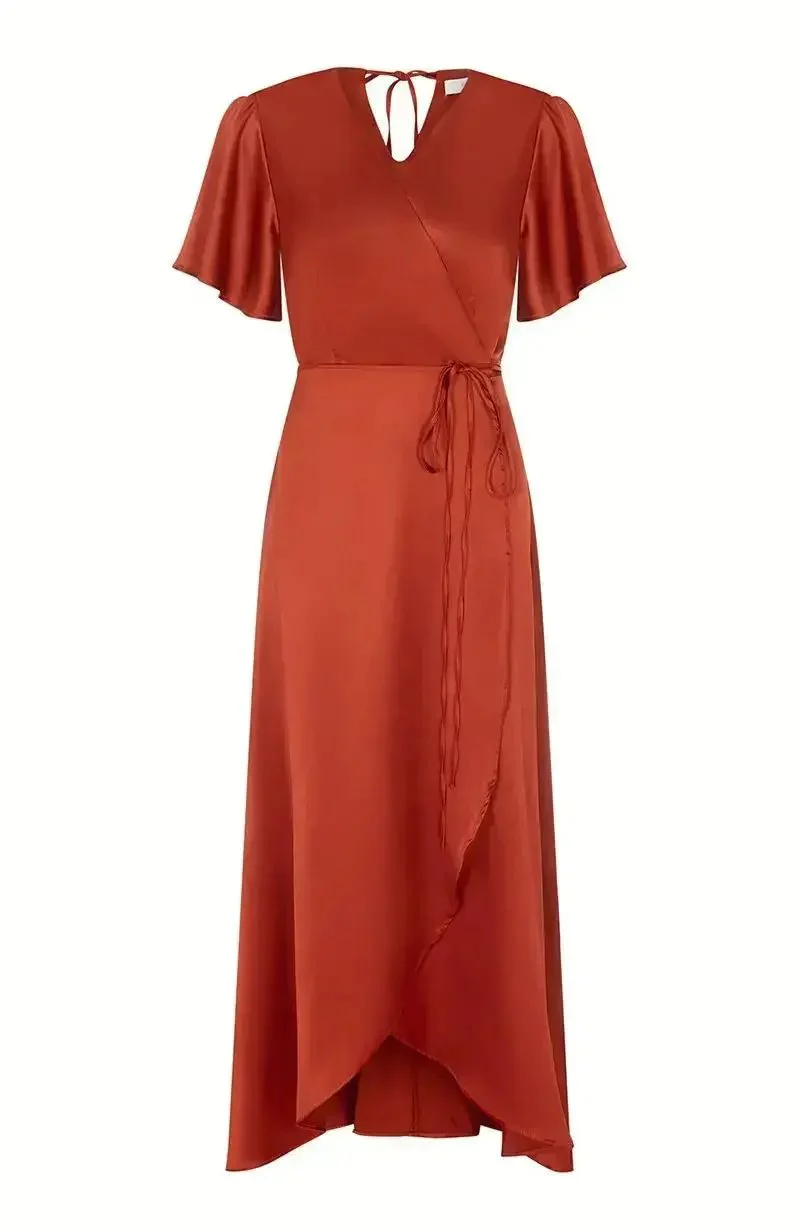 Florence Waterfall Dress in Burnt Orange Satin - Image 7
