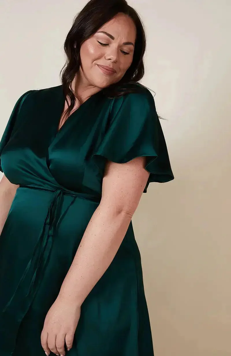 Florence Waterfall Dress in Forest Green Satin - Image 3