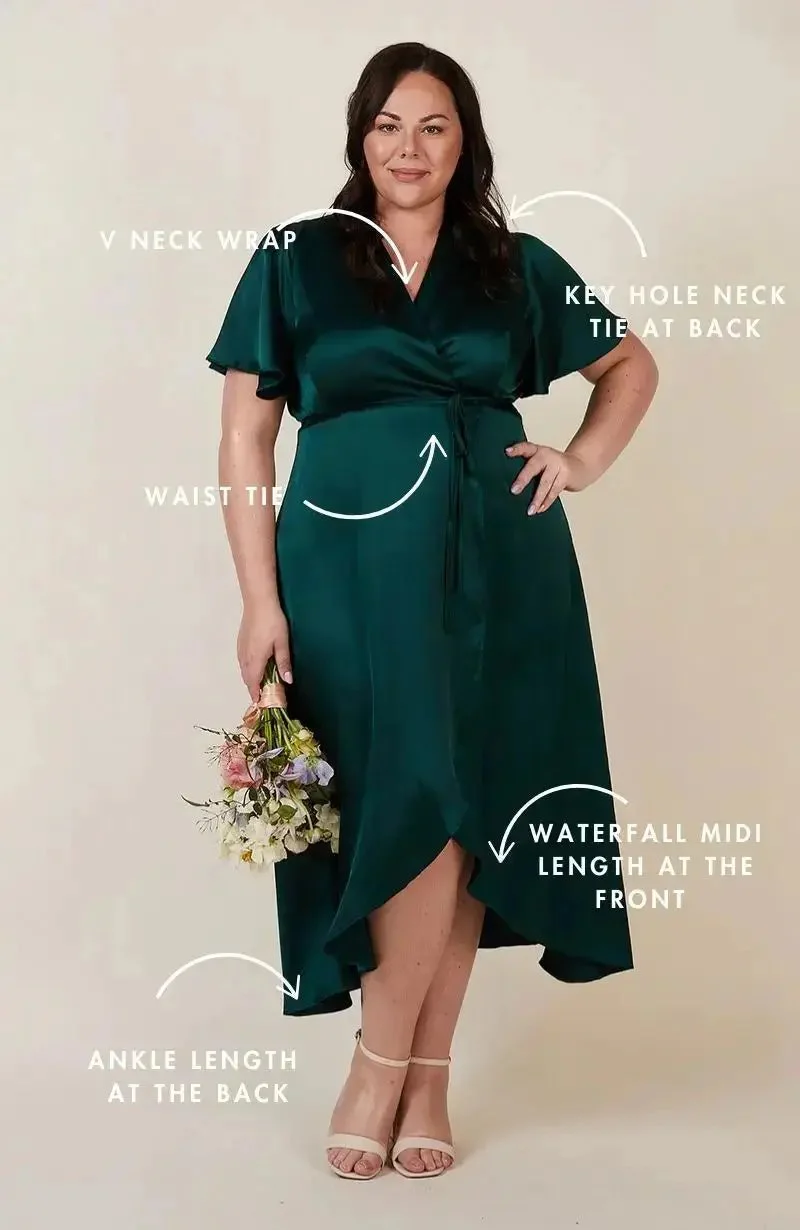 Florence Waterfall Dress in Forest Green Satin - Image 4