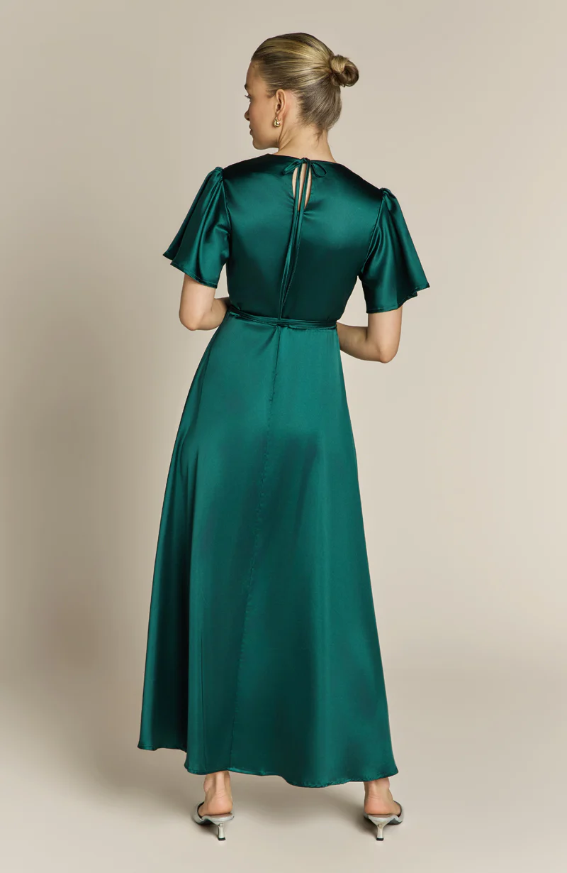 Florence Waterfall Dress in Forest Green Satin - Image 5