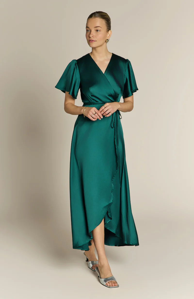 Florence Waterfall Dress in Forest Green Satin - Image 6