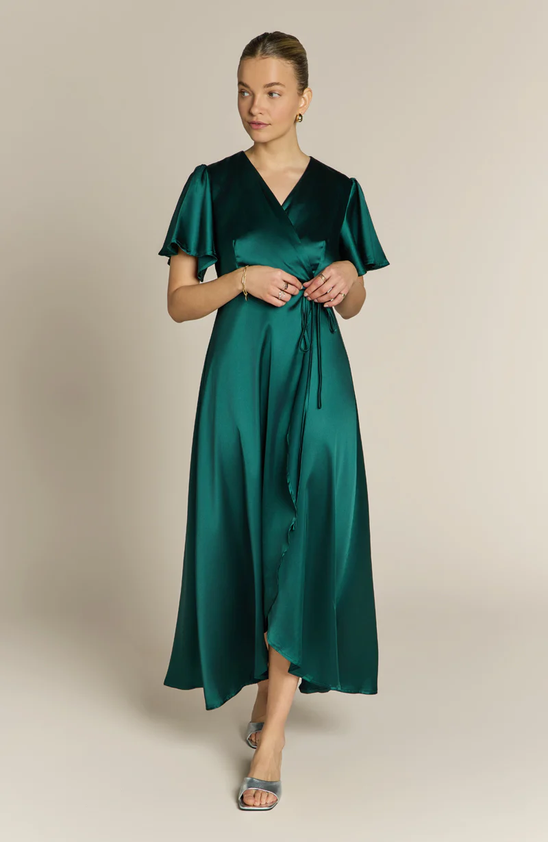 Florence Waterfall Dress in Forest Green Satin - Image 7