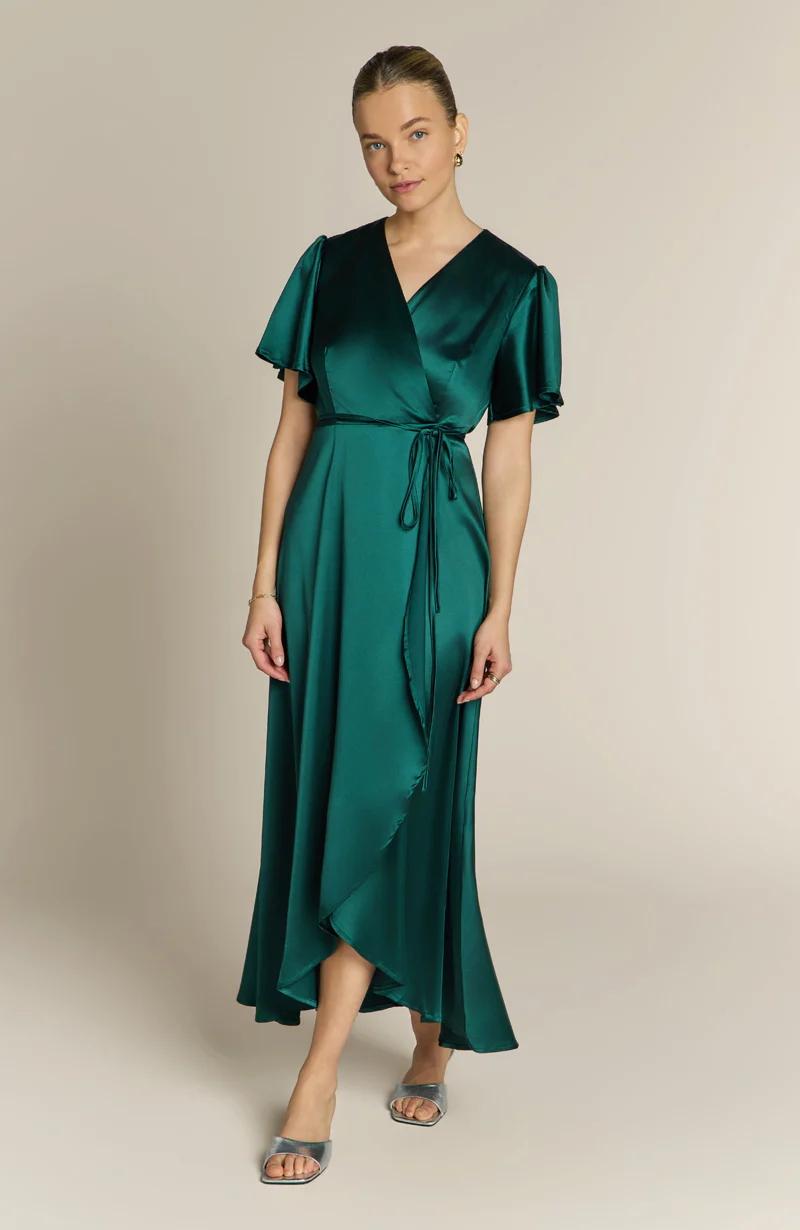 Florence Waterfall Dress in Forest Green Satin - Image 8