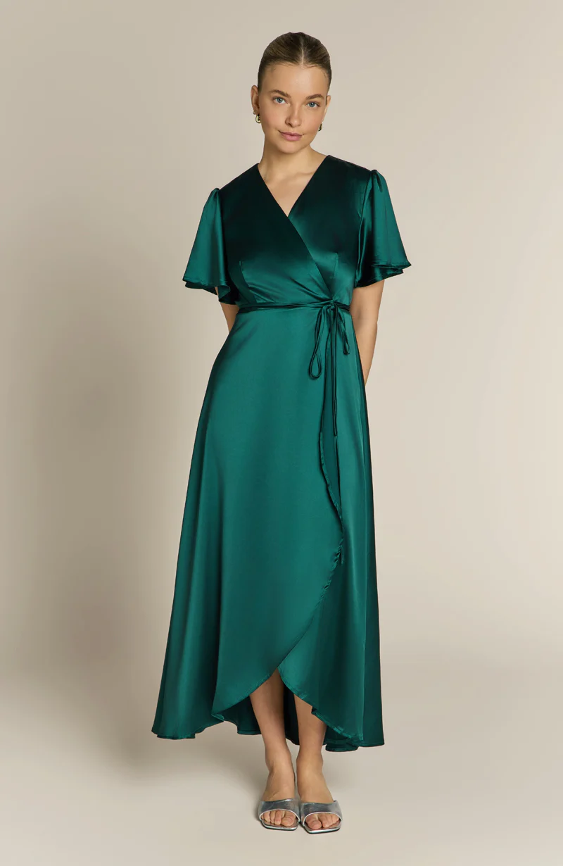Florence Waterfall Dress in Forest Green Satin - Image 9