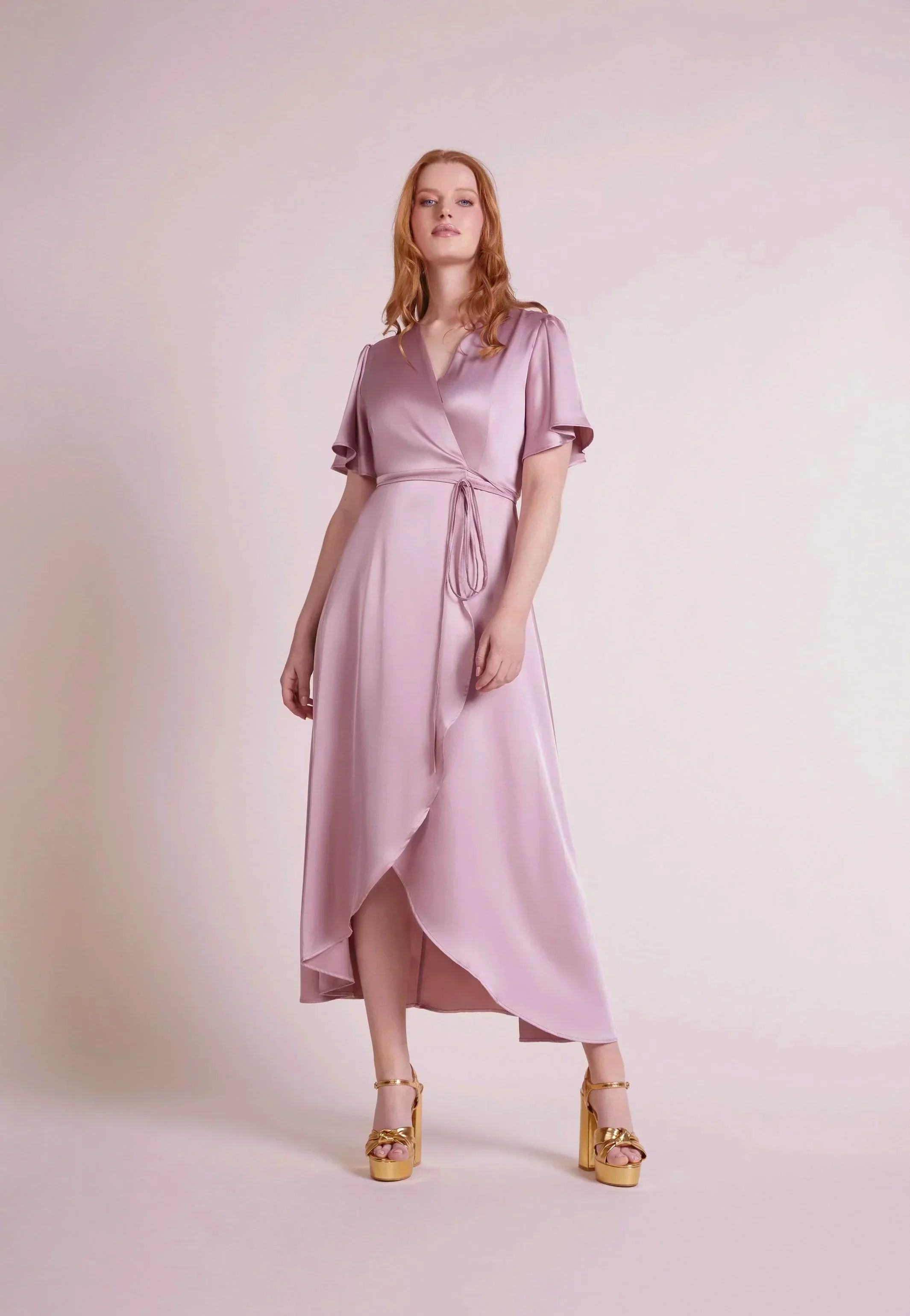 Florence Waterfall Dress in Rose Pink Satin - Image 3