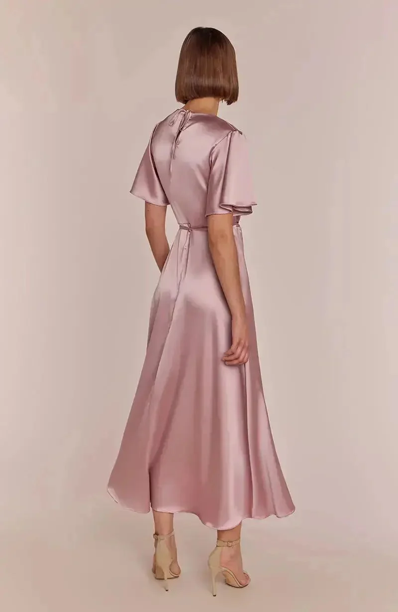 Florence Waterfall Dress in Rose Pink Satin - Image 5