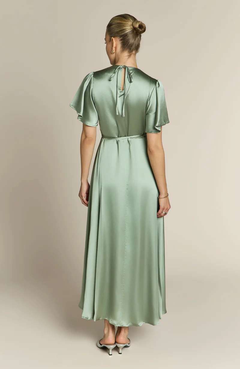 Florence Waterfall Dress in Sage Green Satin - Image 5
