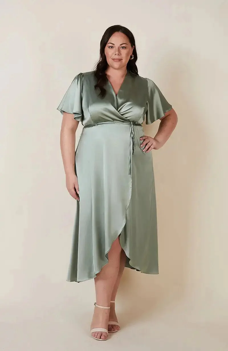 Florence Waterfall Dress in Sage Green Satin - Image 6