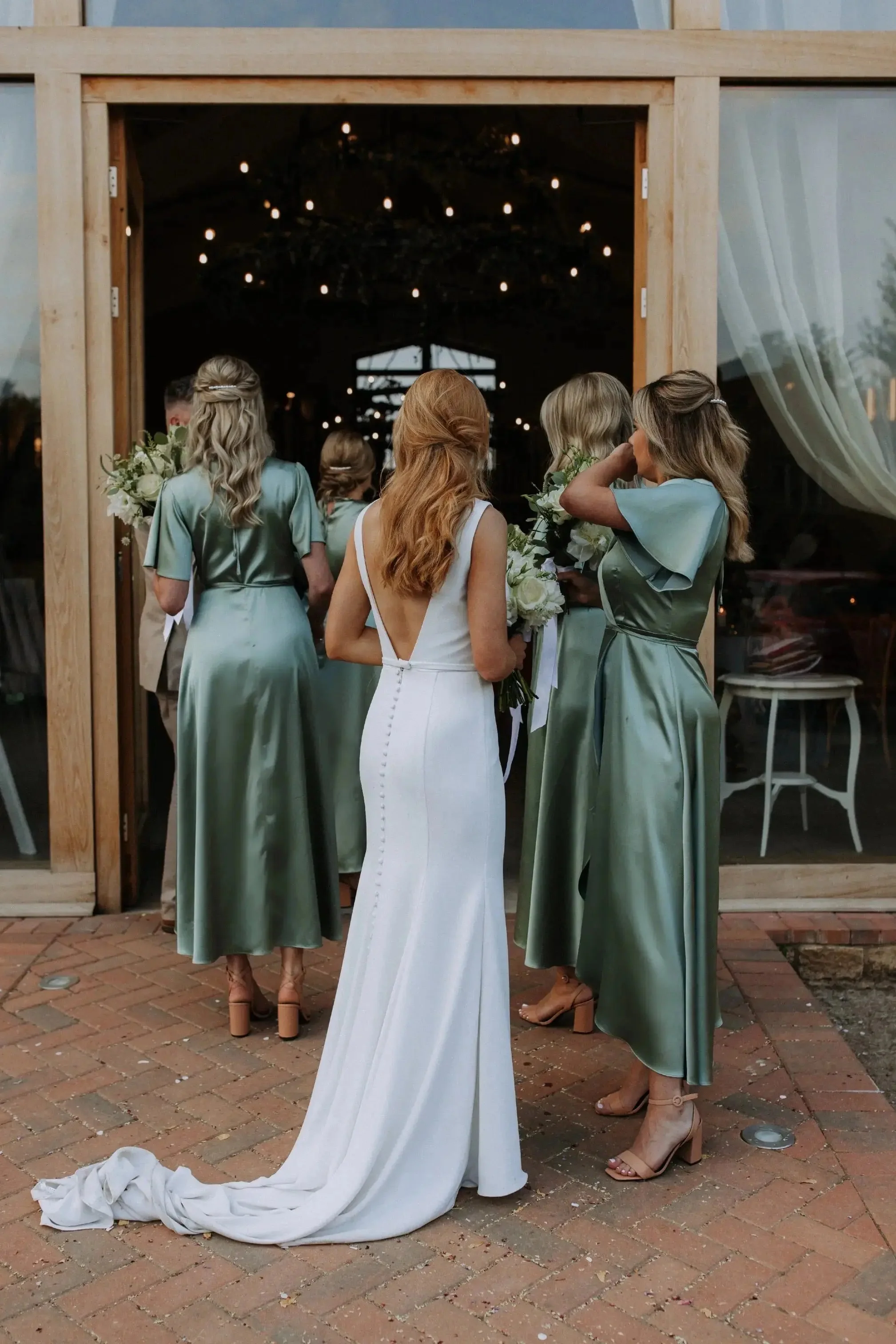 Florence Waterfall Dress in Sage Green Satin - Image 7