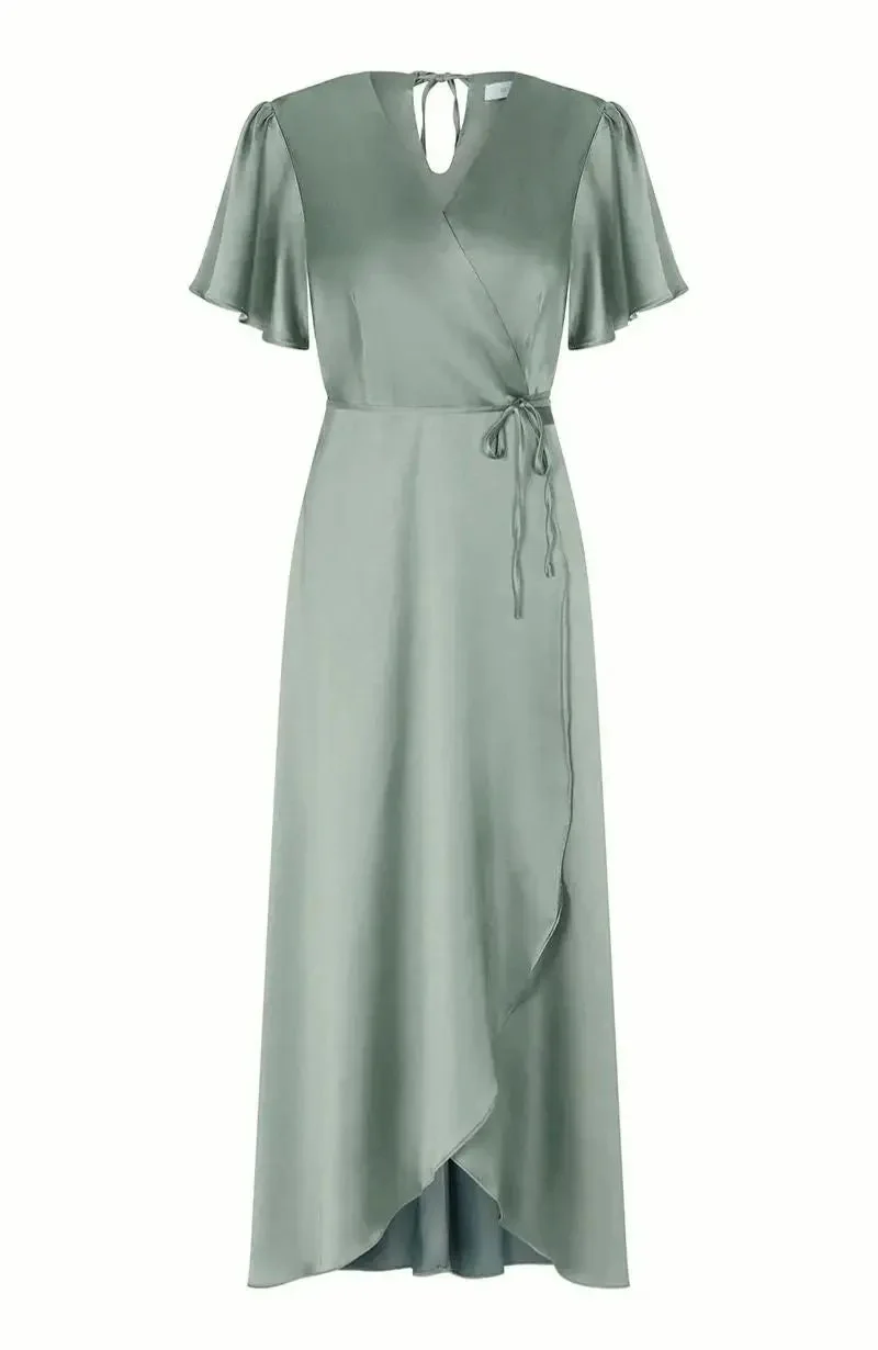 Florence Waterfall Dress in Sage Green Satin - Image 8