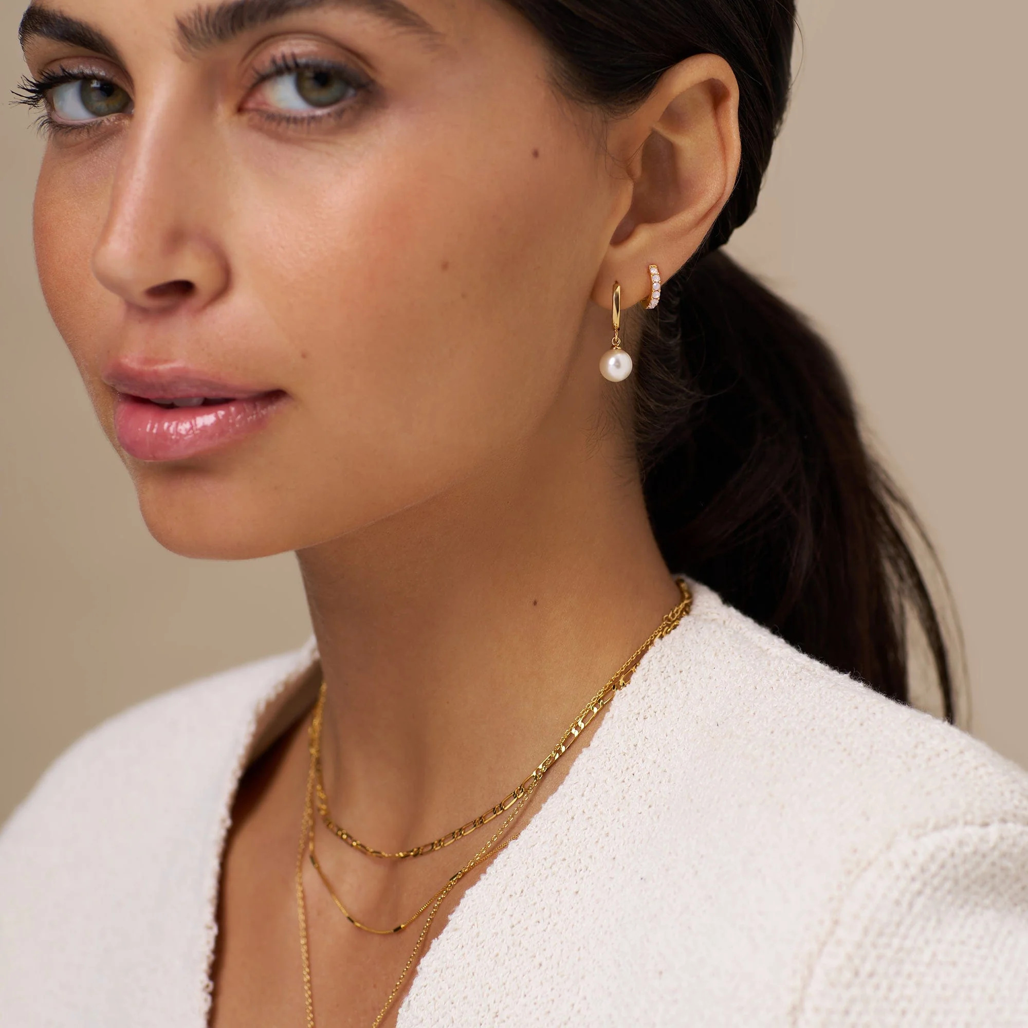 Pearl Drop Huggie Hoop Earrings - Gold - Image 2
