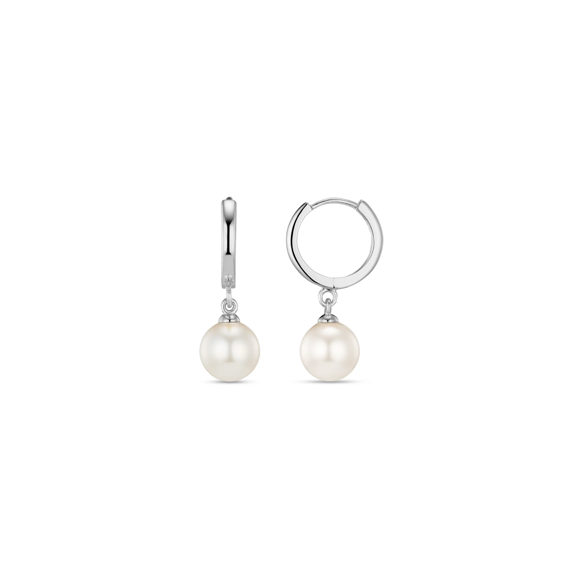 Pearl Drop Huggie Hoop Earrings - Silver