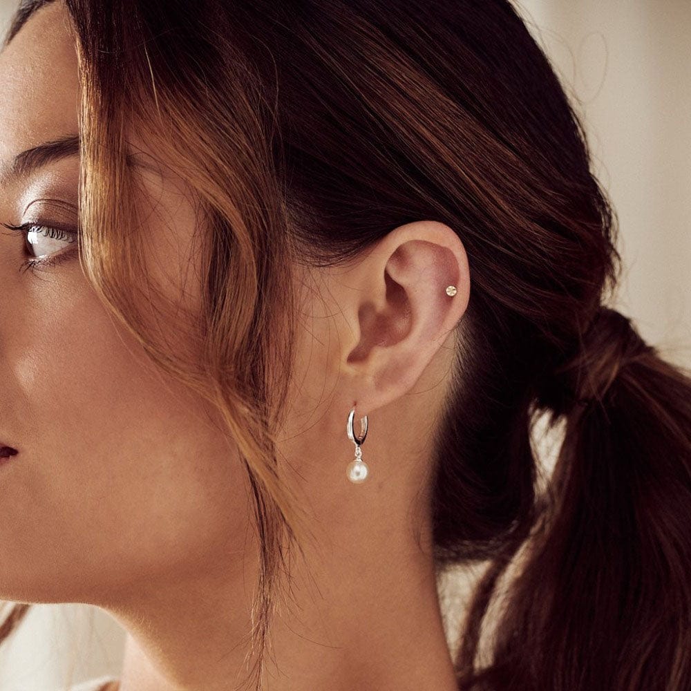 Pearl Drop Huggie Hoop Earrings - Silver - Image 2