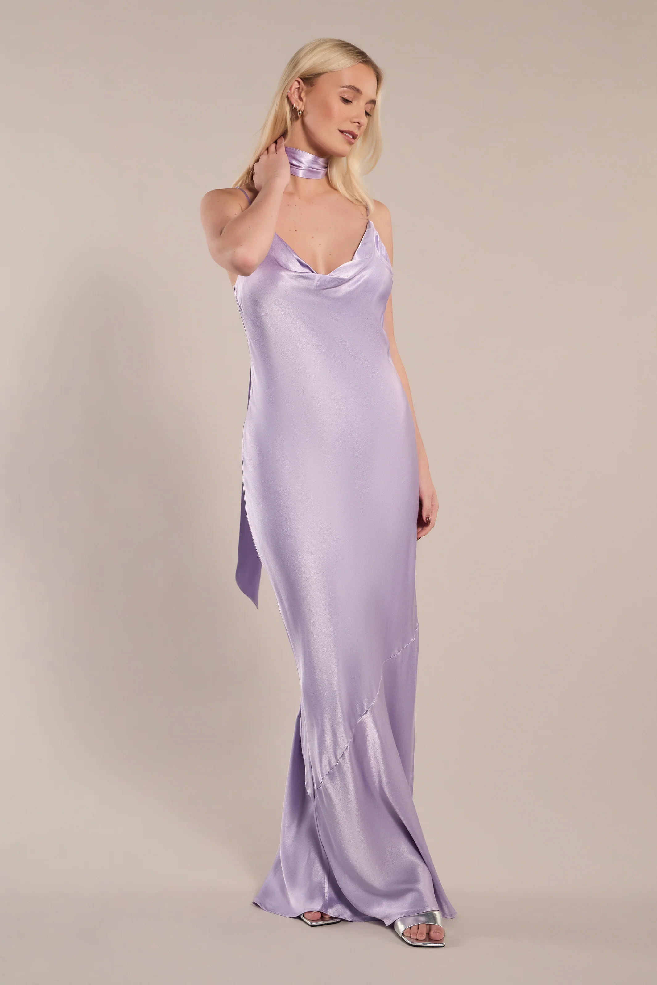 Pollenca cowl neck Dress in Lilac Satin