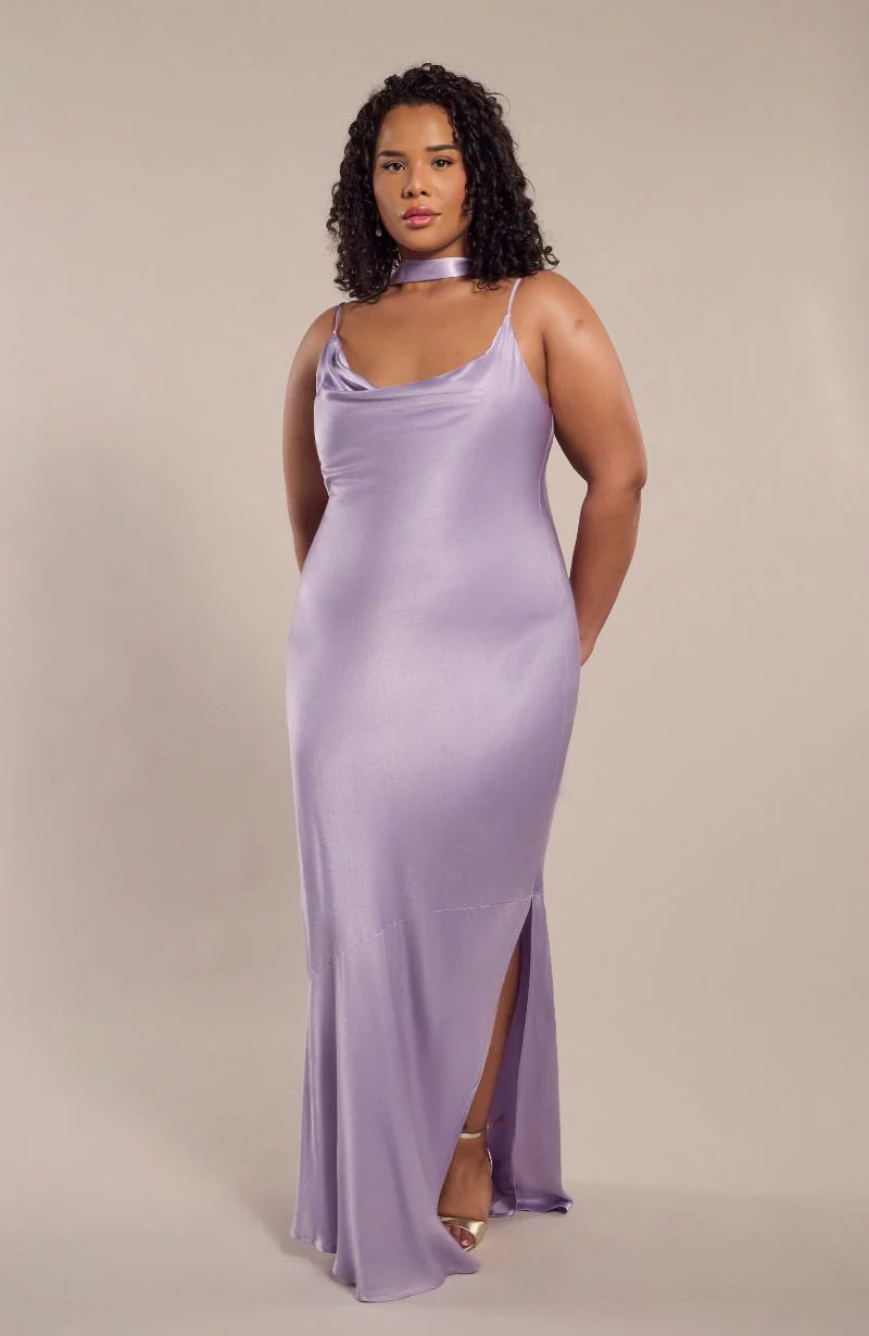 Pollenca cowl neck Dress in Lilac Satin - Image 2