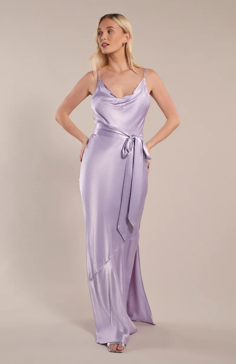 Pollenca cowl neck Dress in Lilac Satin - Image 3