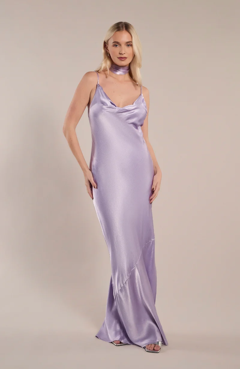 Pollenca cowl neck Dress in Lilac Satin - Image 6