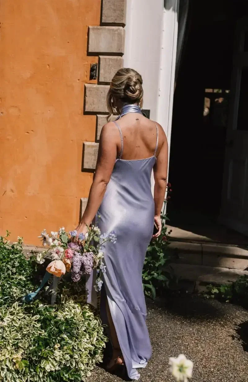 Pollenca cowl neck Dress in Lilac Satin - Image 7
