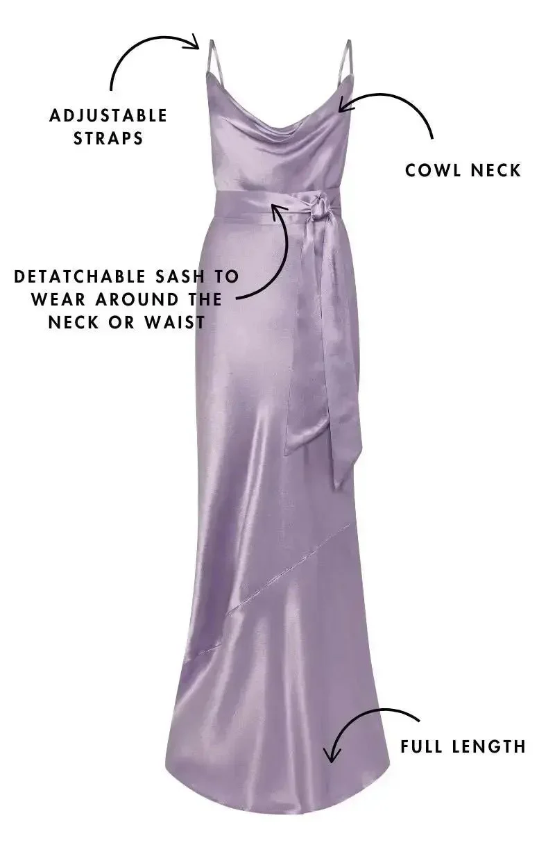 Pollenca cowl neck Dress in Lilac Satin - Image 8