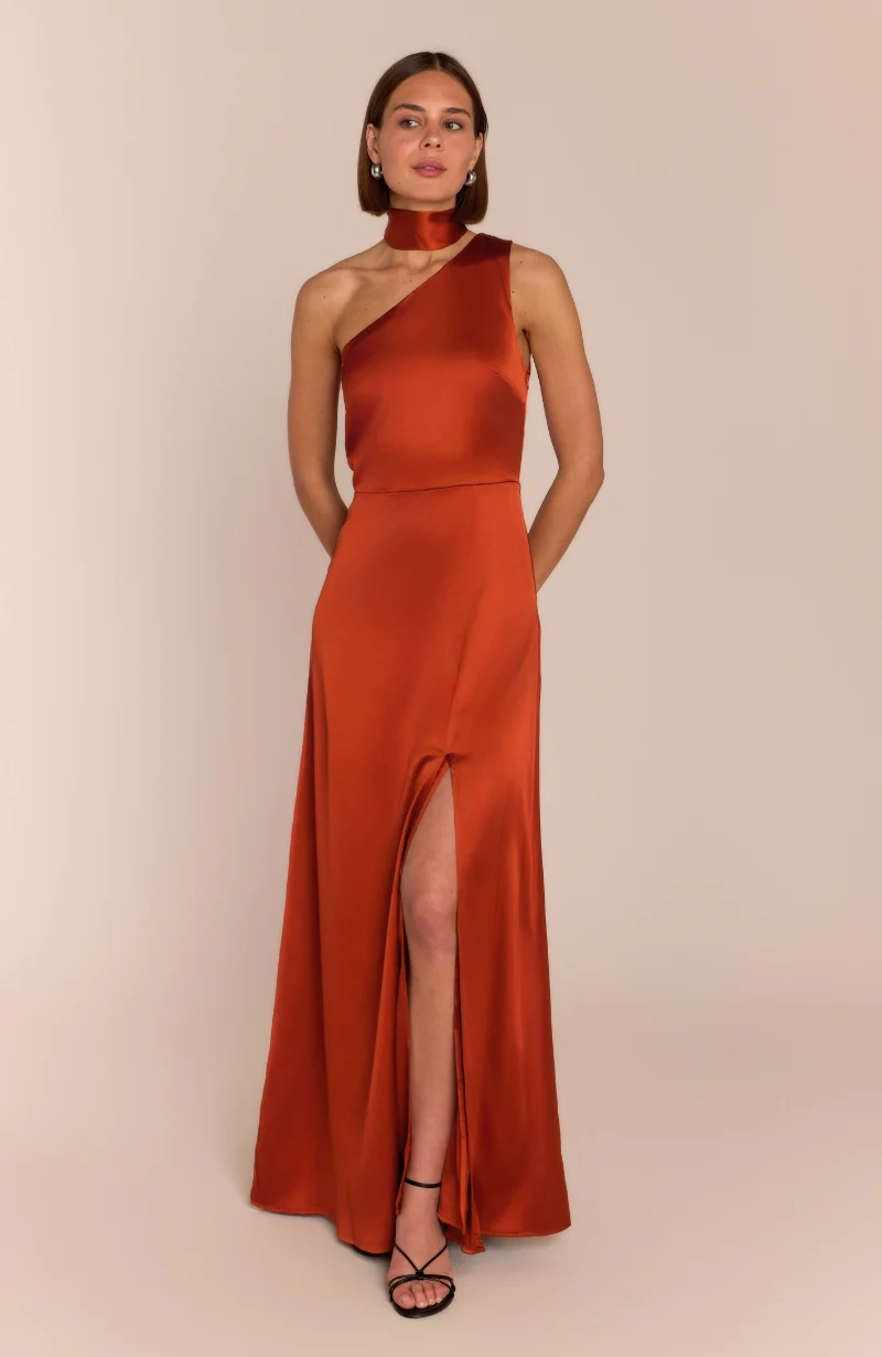 Porto Dress in Burnt Orange Satin - Image 9