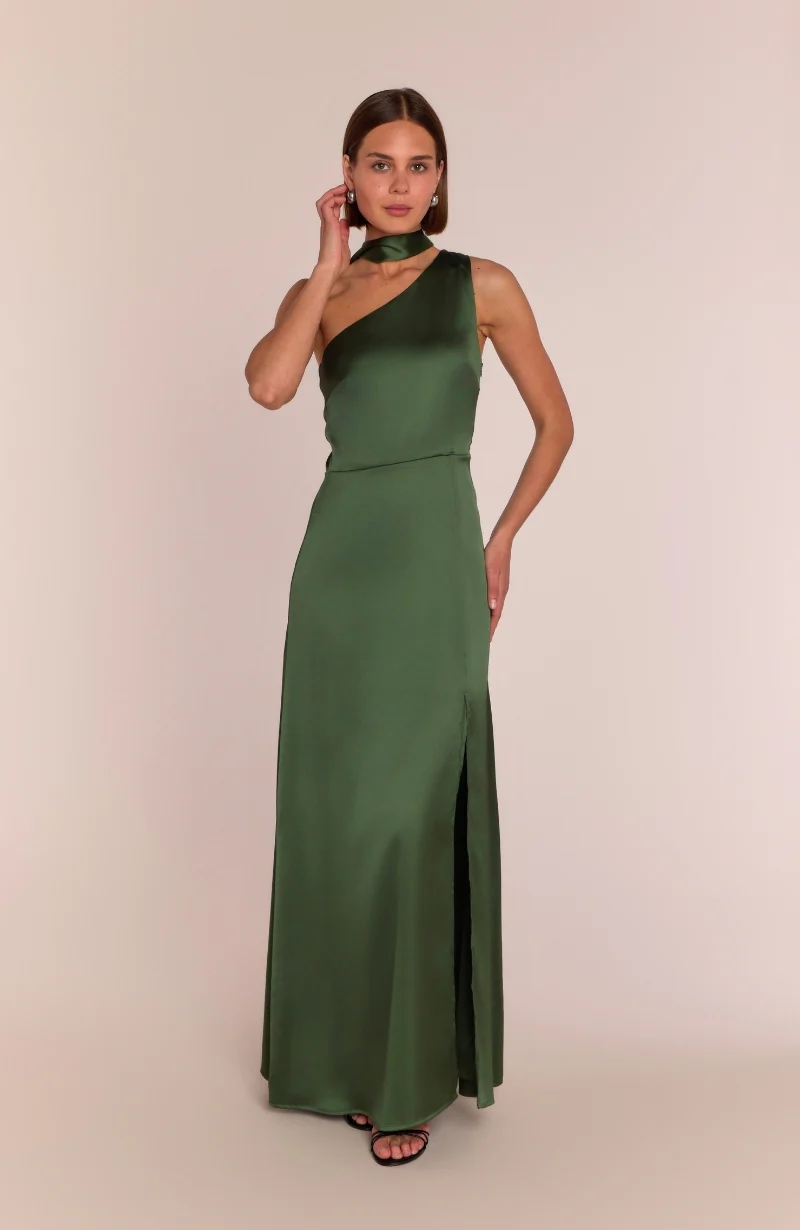 Porto Dress in Olive Green Satin - Image 3