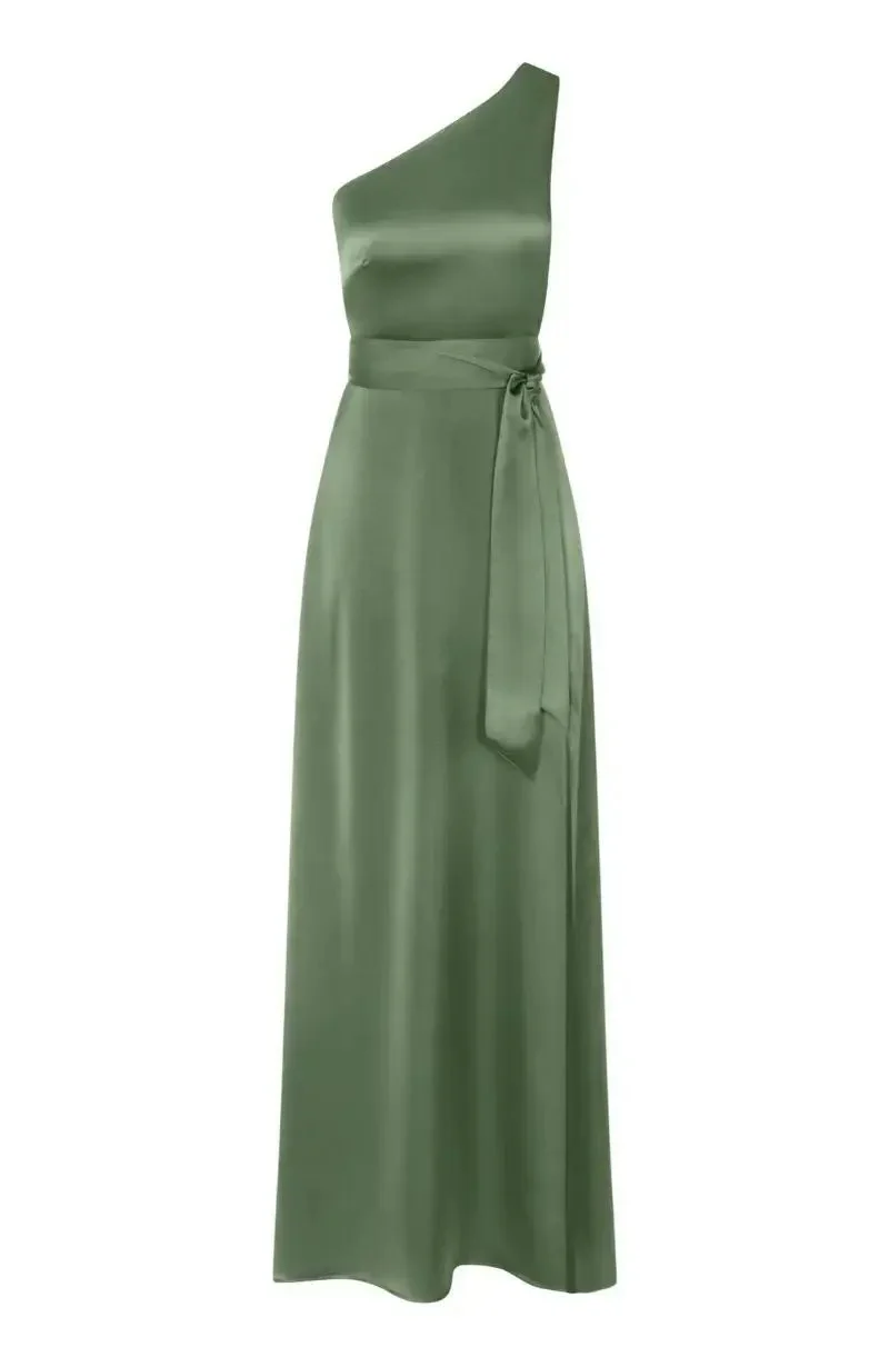 Porto Dress in Olive Green Satin - Image 6