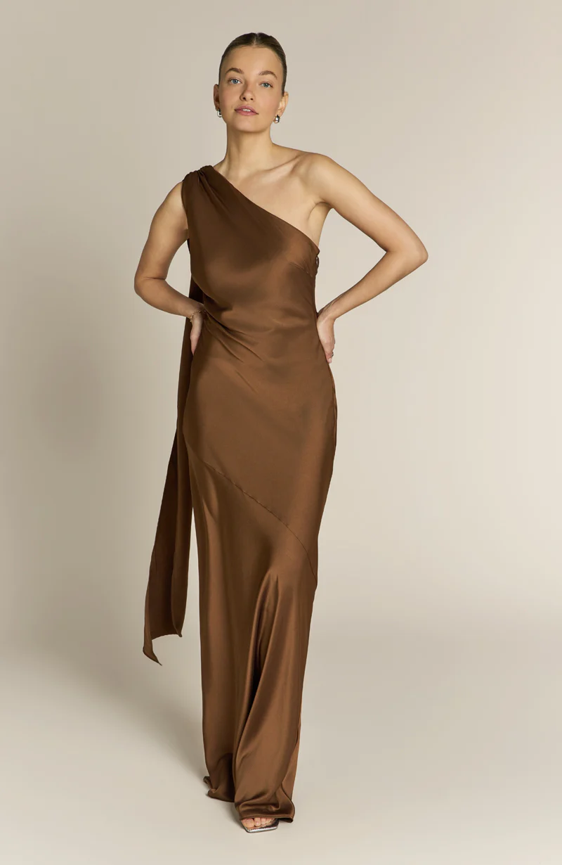 Raye One Shoulder Dress in Chocolate Brown - Image 3