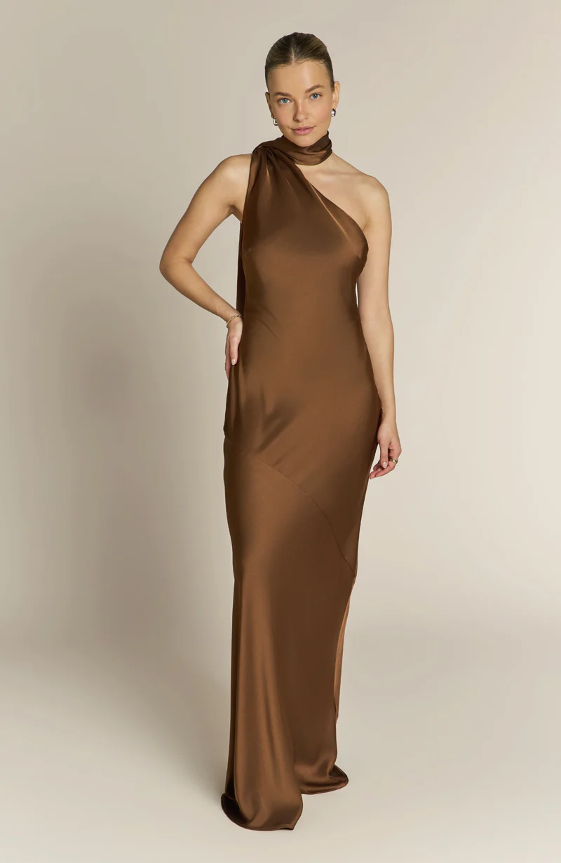 Raye One Shoulder Dress in Chocolate Brown - Image 4