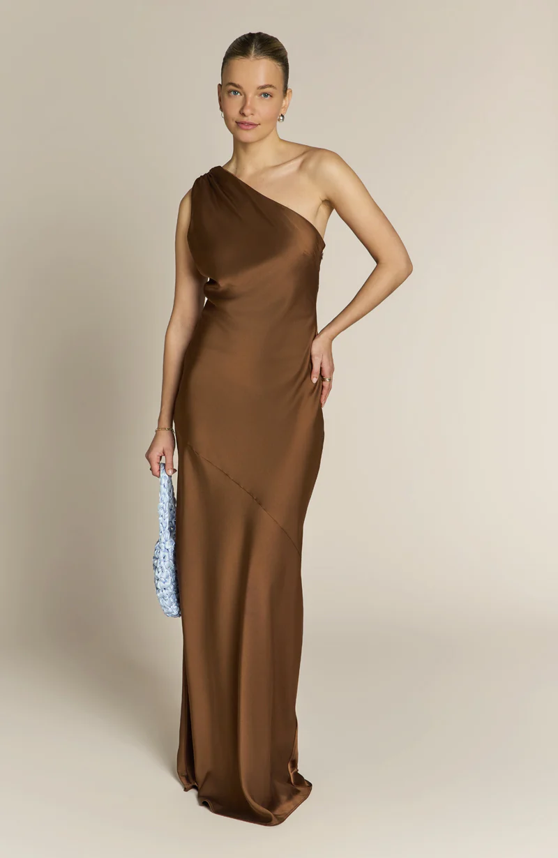 Raye One Shoulder Dress in Chocolate Brown - Image 5