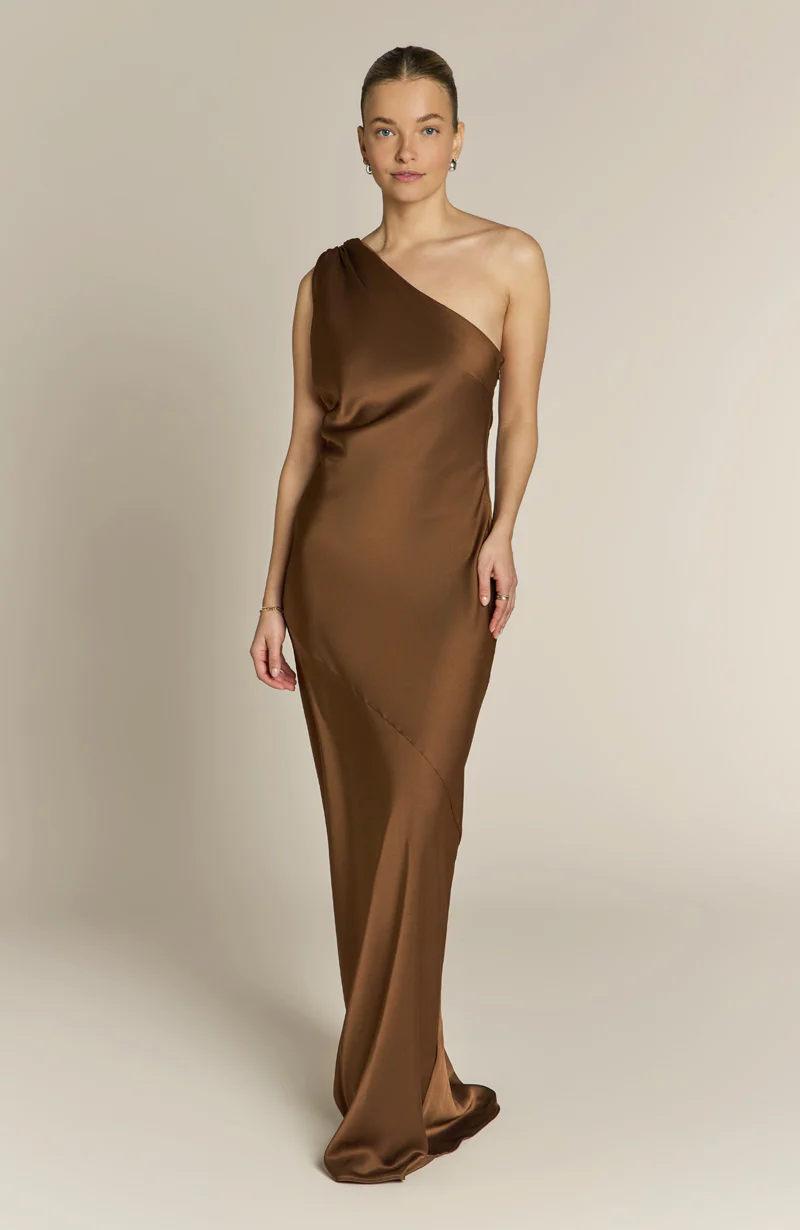 Raye One Shoulder Dress in Chocolate Brown - Image 6