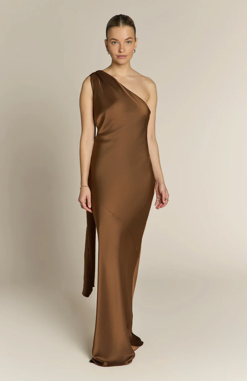 Raye One Shoulder Dress in Chocolate Brown - Image 7