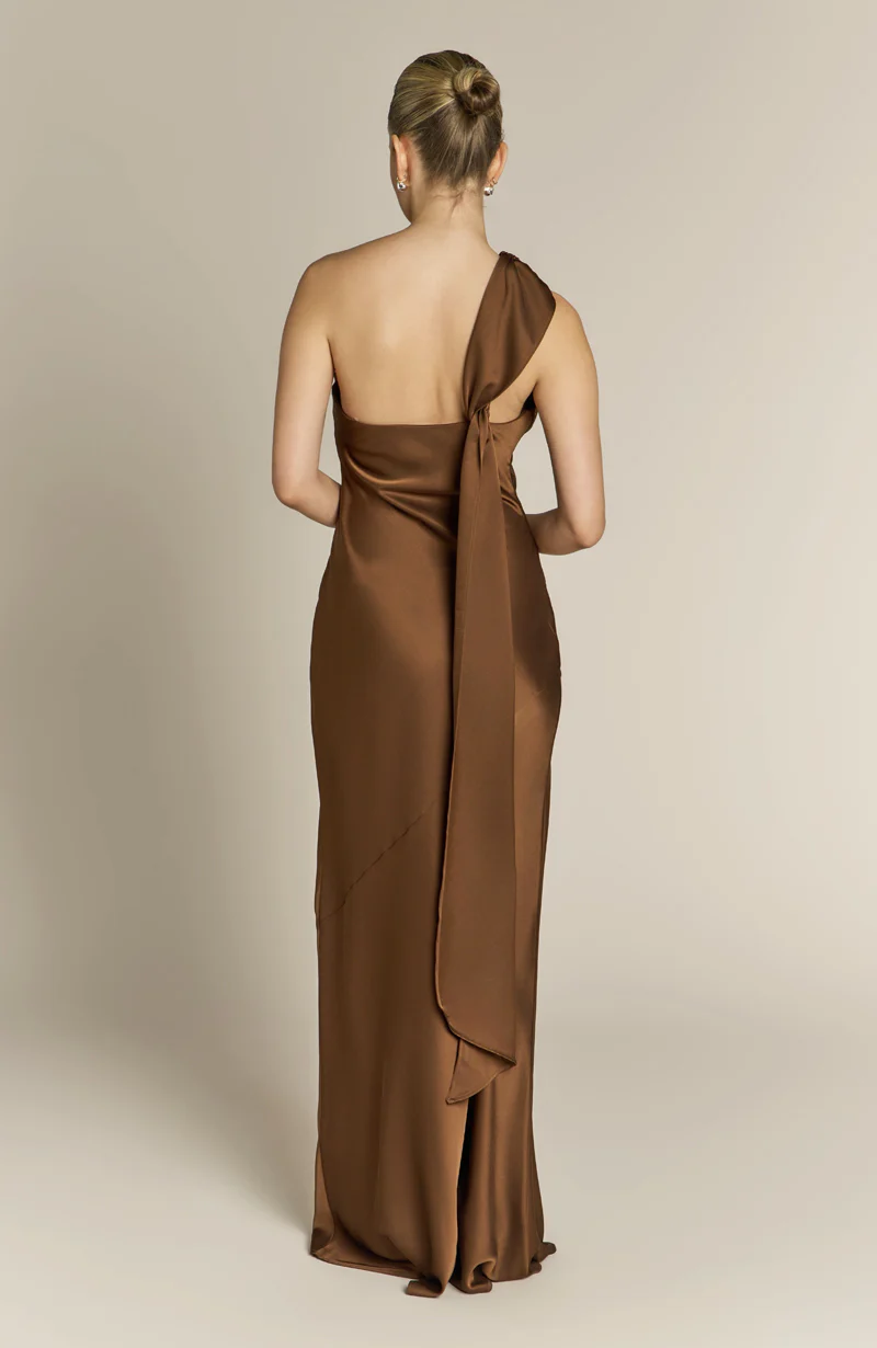 Raye One Shoulder Dress in Chocolate Brown - Image 8