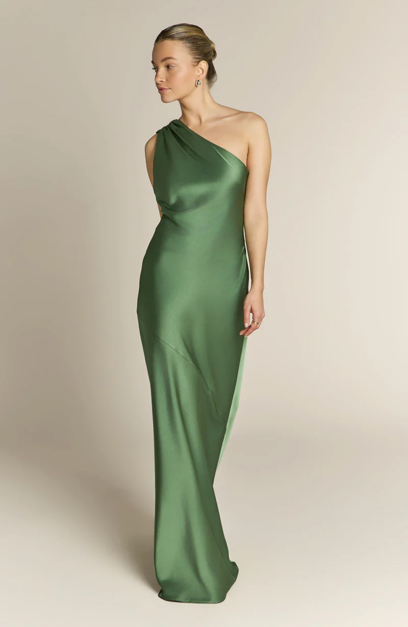 Raye One Shoulder Satin Bridesmaid Dress – Olive Green - Image 10