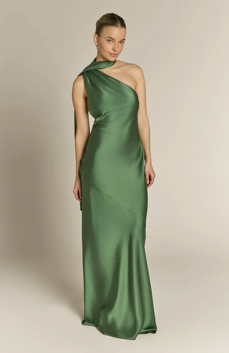 Raye One Shoulder Satin Bridesmaid Dress – Olive Green - Image 3