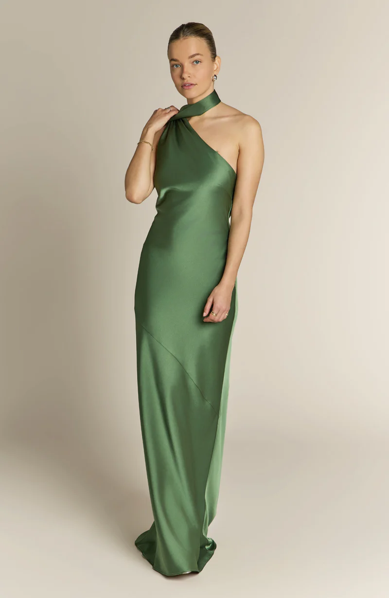 Raye One Shoulder Satin Bridesmaid Dress – Olive Green - Image 4