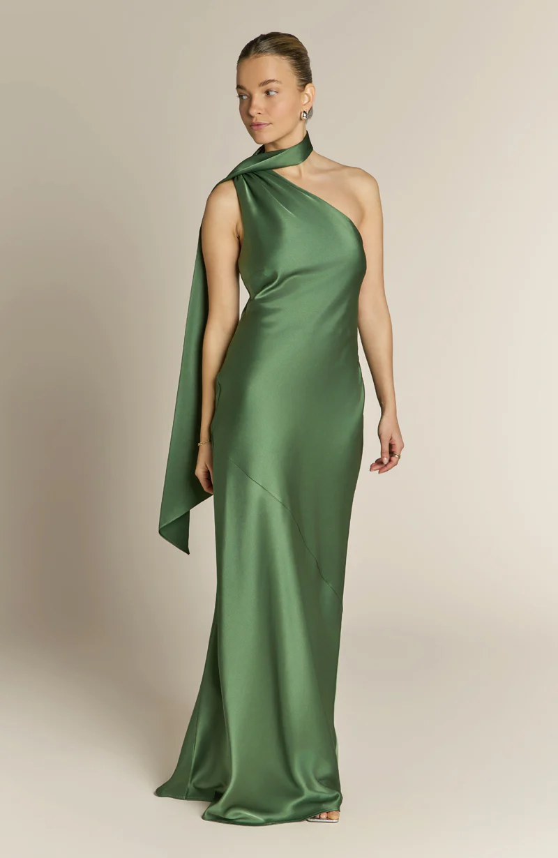 Raye One Shoulder Satin Bridesmaid Dress – Olive Green - Image 5