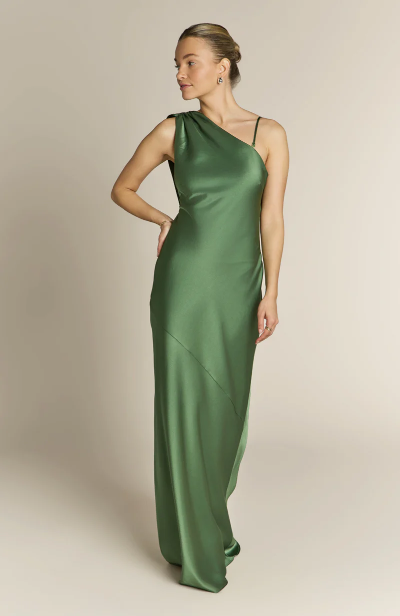 Raye One Shoulder Satin Bridesmaid Dress – Olive Green - Image 6