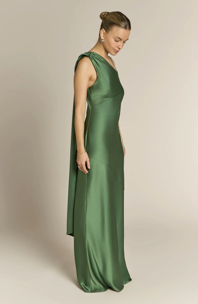 Raye One Shoulder Satin Bridesmaid Dress – Olive Green - Image 7