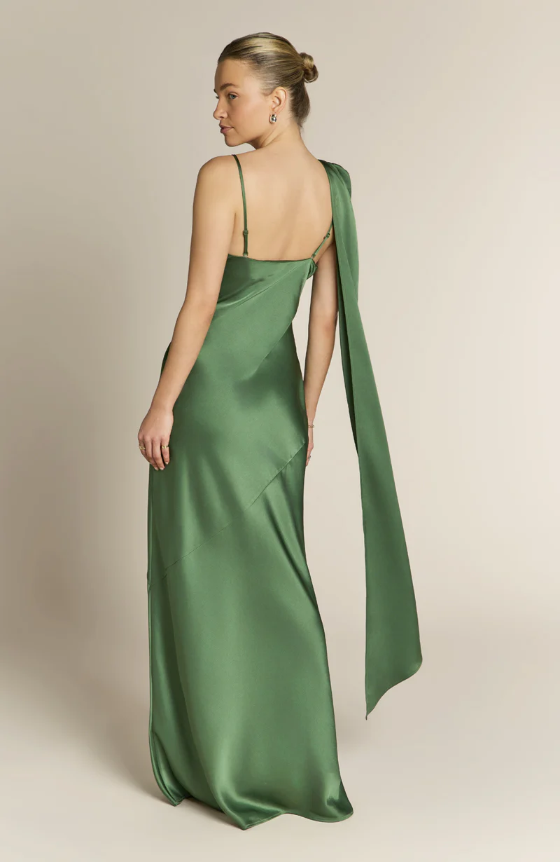 Raye One Shoulder Satin Bridesmaid Dress – Olive Green - Image 8